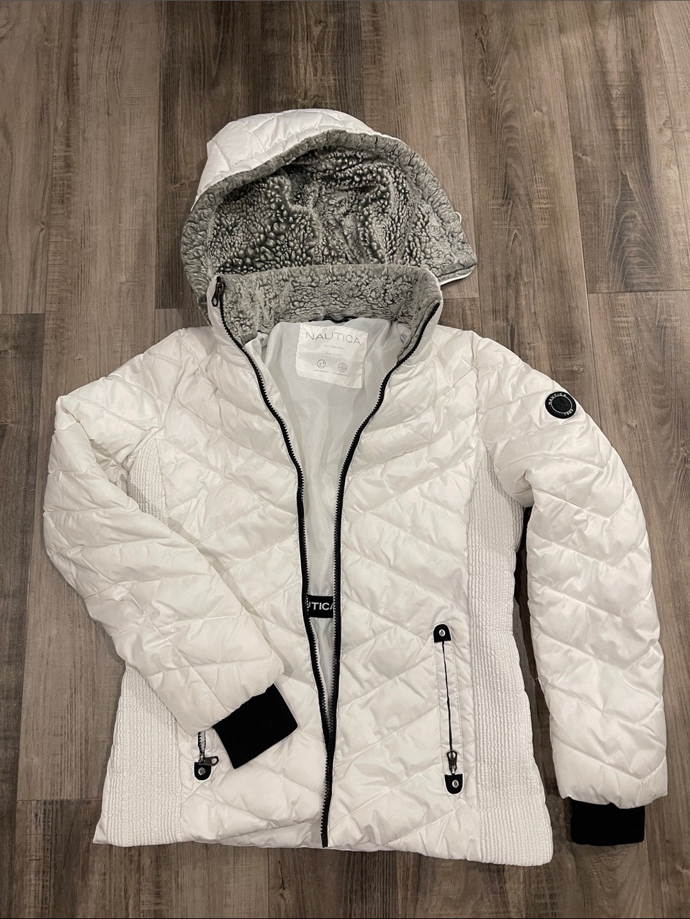 Nautica White Quilted Puffer Jacket with Gray Sherpa Hood
